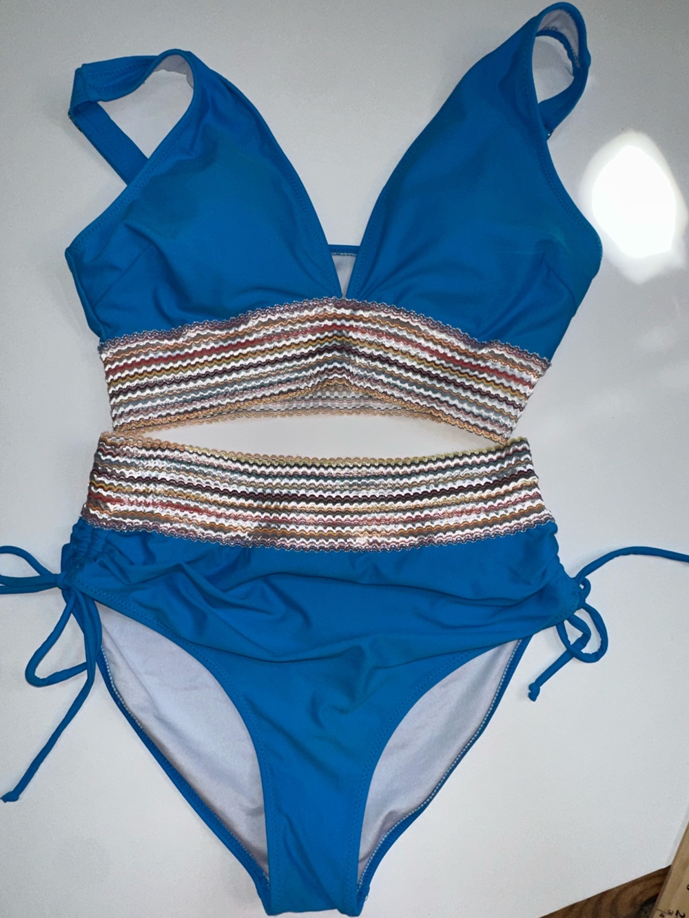 Blooming Jelly Color Block High Waisted Bikini Set Chevron Blue Size M NWT